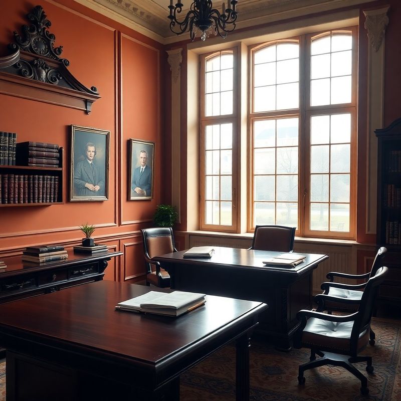 Interior of a quiet advisory office with dark oak desk and warm cream walls