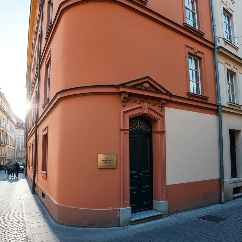 Sunlit historic Central European street corner with a warm terracotta facade and brass nameplate