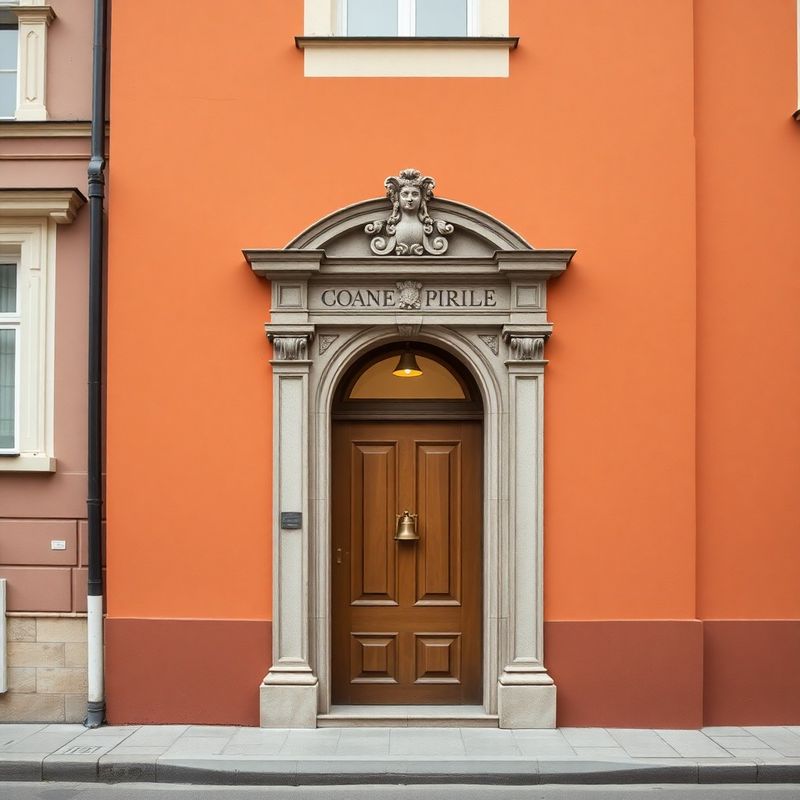 Warm terracotta-cream period building entrance with ornate stone doorframe