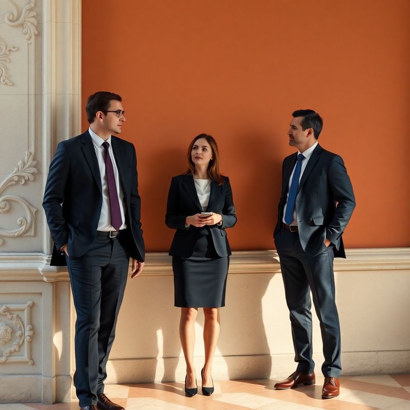 Three formally dressed financial professionals in quiet conversation
