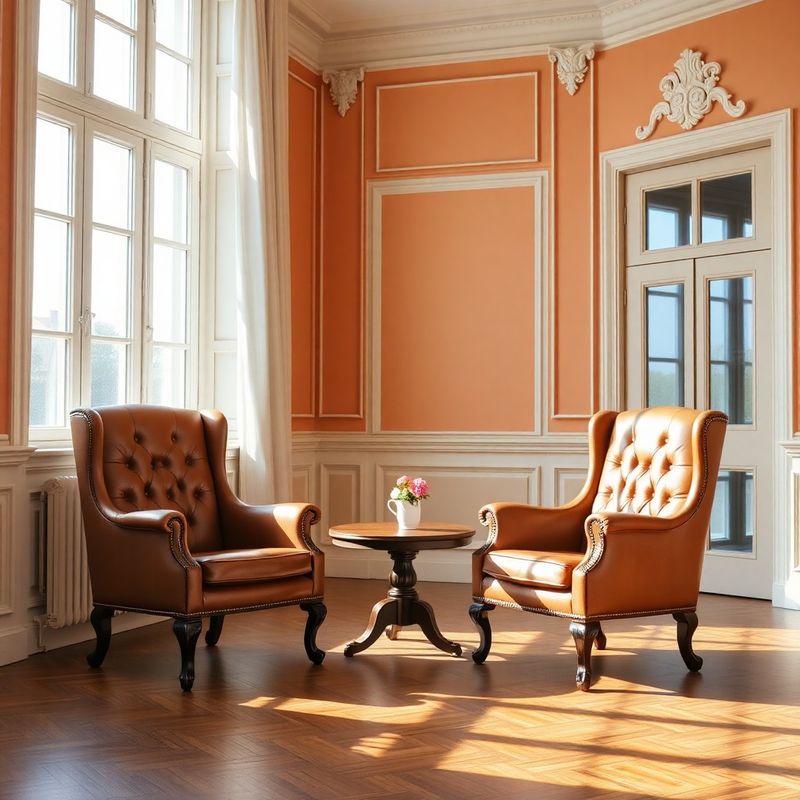 Bright professional meeting room with two empty leather chairs and tall windows